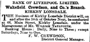 1898 SEP 17 Bank of Liverpool Kirkby Lonsdale Ad- BNA