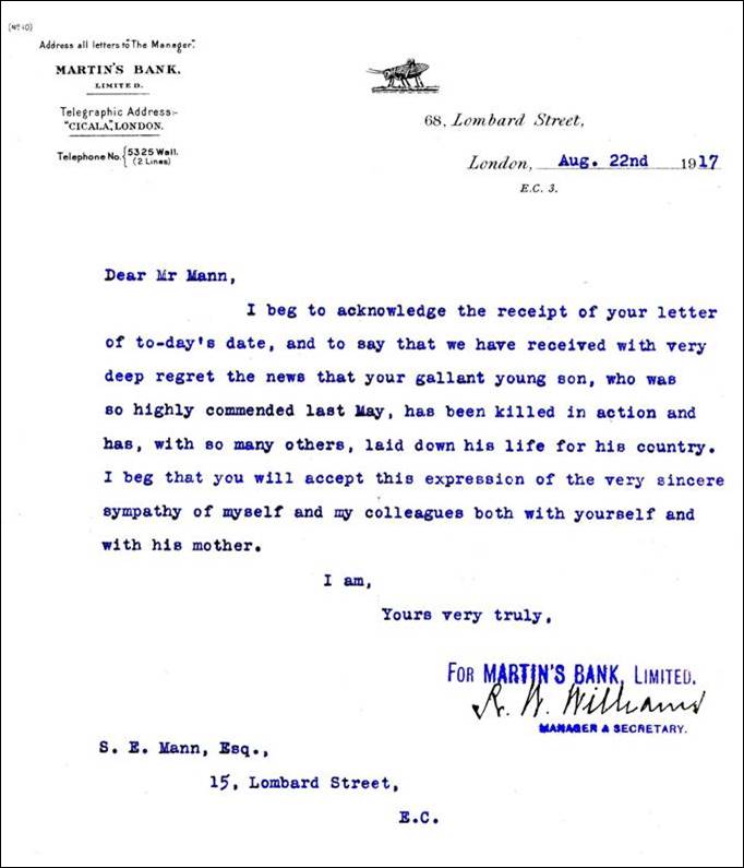 1917 S Mann Condolence Letter Lynette Mann MBA