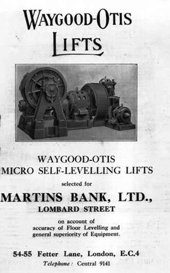 1931 Waygood-Otis Lifts Advert in TAJ for 68 Lombard Street