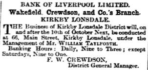 1898 SEP 17 Bank of Liverpool Kirkby Lonsdale Ad- BNA