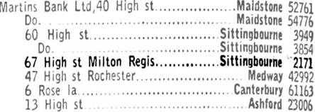1967 Milton Regis Branch Phone Book Entry BT