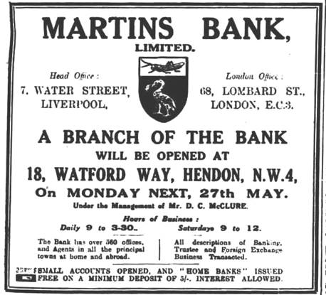 1929 MAY 24 Hendon and Fonchley Times New Branch at Hendon London BOLM BNA